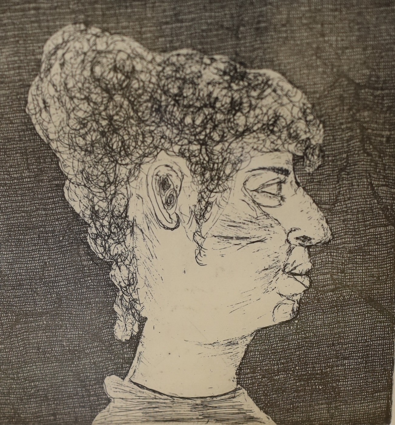 Edmund Blampied (1886-1966), pencil drawing, Head of an old woman, signed and dated 1964, 26 x 20cm and an etching of a woman by another hand